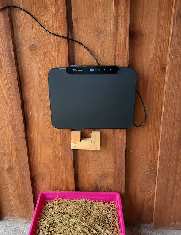 Best Chicken Coop Heaters for Safe Winter Warmth 4 Wall-mounted flat-panel radiant chicken coop heater installed on a wooden coop wall with a securely routed power cord, demonstrating a safe and fire-conscious winter heating setup for backyard chickens.