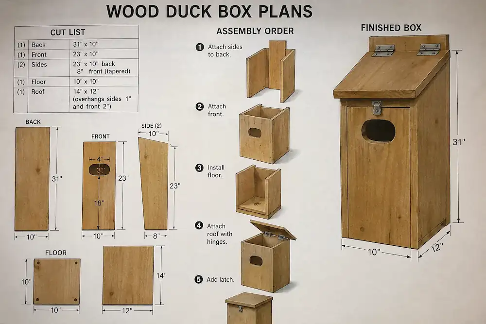 Wood Duck Nesting Boxes: Reviews, DIY Plans & Buying Guide 7 Wood duck nesting box with the front panel open, showing the interior before installation