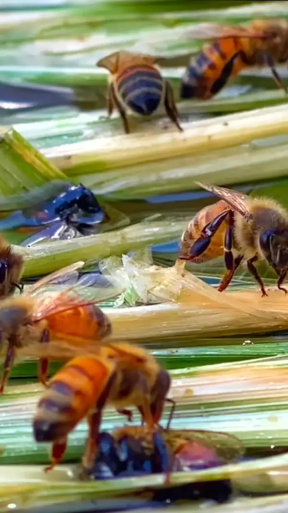 Best Bee Feed: 6 Options for Healthy Honey Bees 7 Honey bees consuming supplemental bee feed placed among plant stems in a feeding setup.