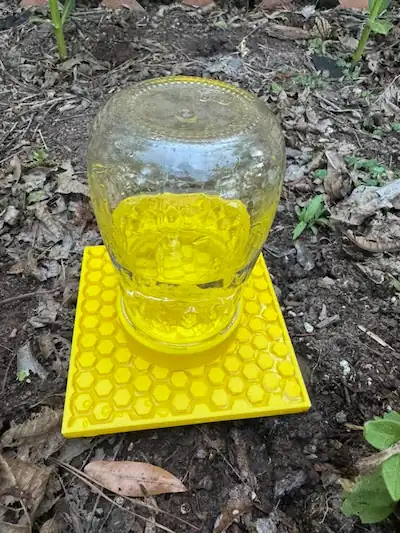 5 Best Bee Feeders: Reviews, Comparisons & Buying Guide 11 Mason jar bee feeder filled with sugar syrup on a honeycomb feeder base